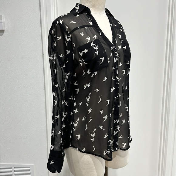 Express Bird Print Sheer Button Up Long Sleeve with Rolled Sleeve Tabs - XS - Picture 3 of 11
